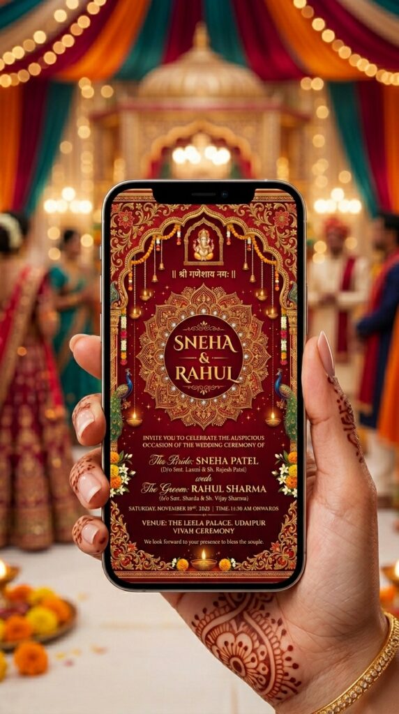 WhatsApp wedding invitations displayed on a smartphone for an Indian wedding
