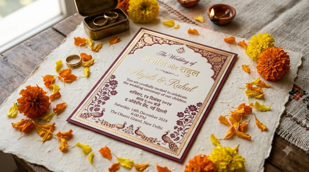 Wedding invitation wording — bilingual traditional invitation with regional script and English text