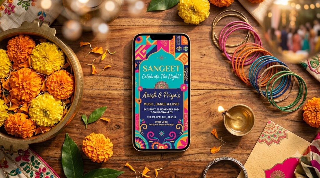 Digital wedding invitation shared on WhatsApp with overseas guests