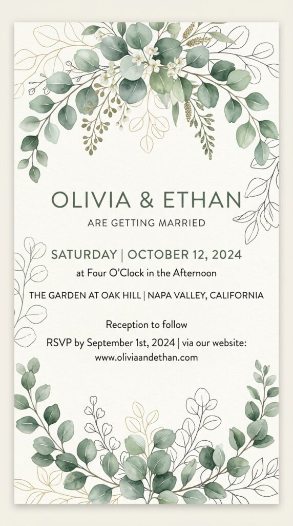 Elegant digital wedding invitation with greenery and gold accents