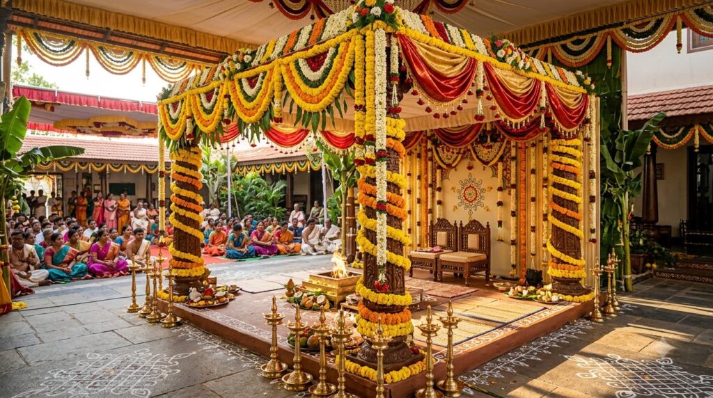 A beautifully decorated South Indian wedding mandapam with marigold and jasmine flower garlands, brass oil lamps, red and gold festive drapery, warm afternoon sunlight streaming in, wide shot, photorealistic, traditional Tamil Hindu wedding setting