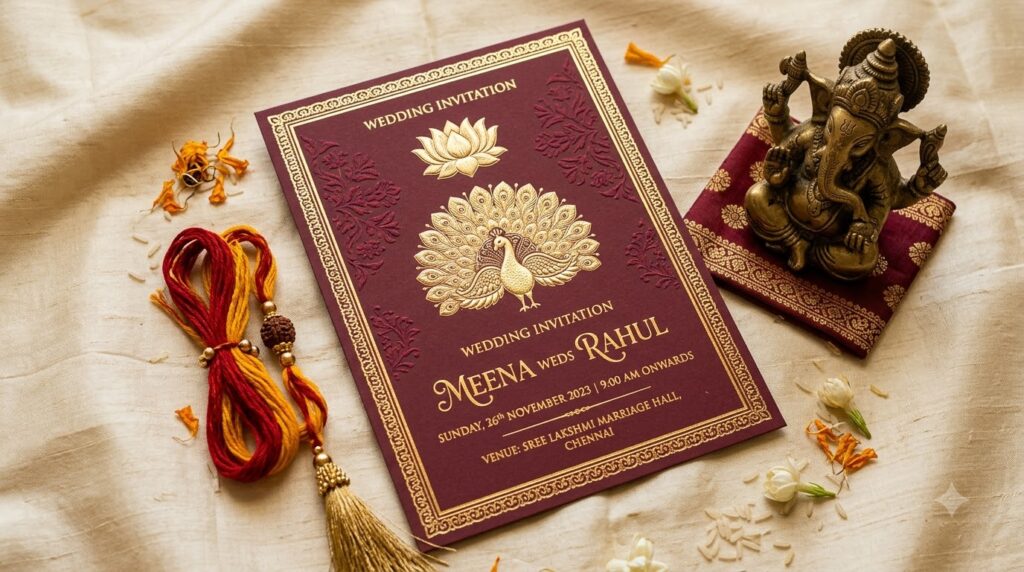 south indian wedding cards uk – traditional lotus and peacock motif design
