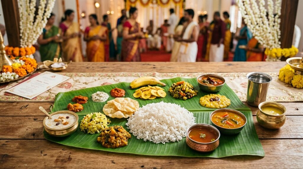 Andhra wedding feast served on a banana leaf