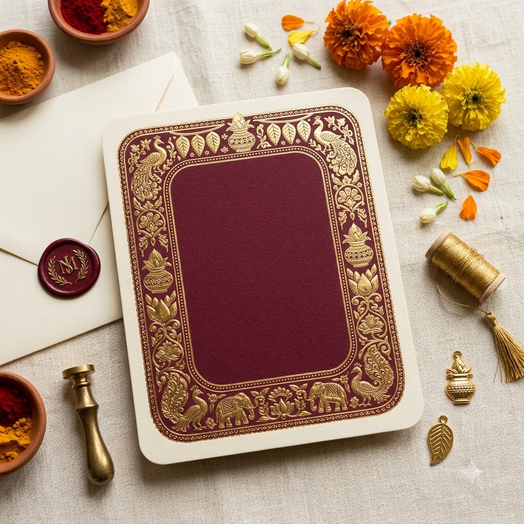 Telugu wedding invitation wording sample card with traditional gold and maroon design