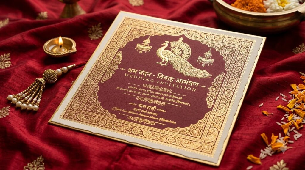 Wedding invitation wording — traditional Indian wedding card with gold foil detailing