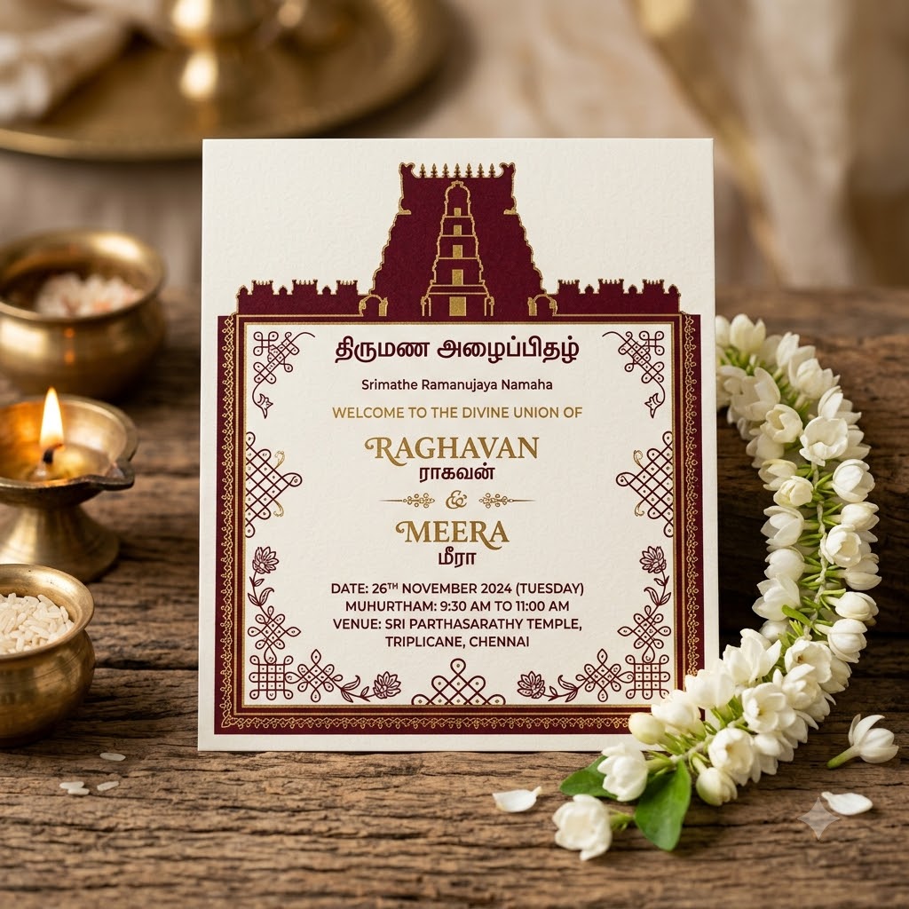 south indian temple wedding card with gopuram and kolam design