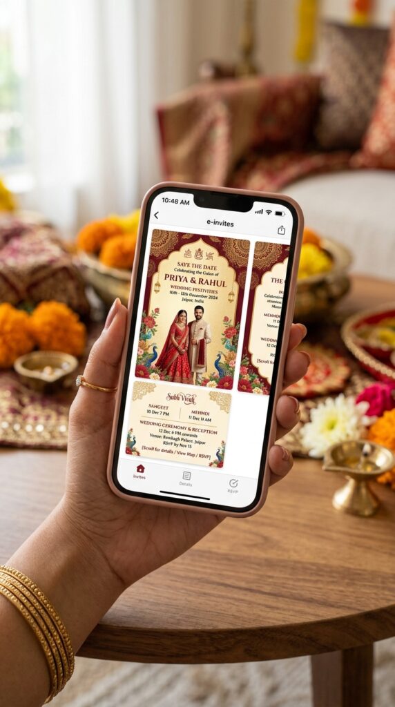 Digital wedding invitations for Indian weddings displayed on a smartphone