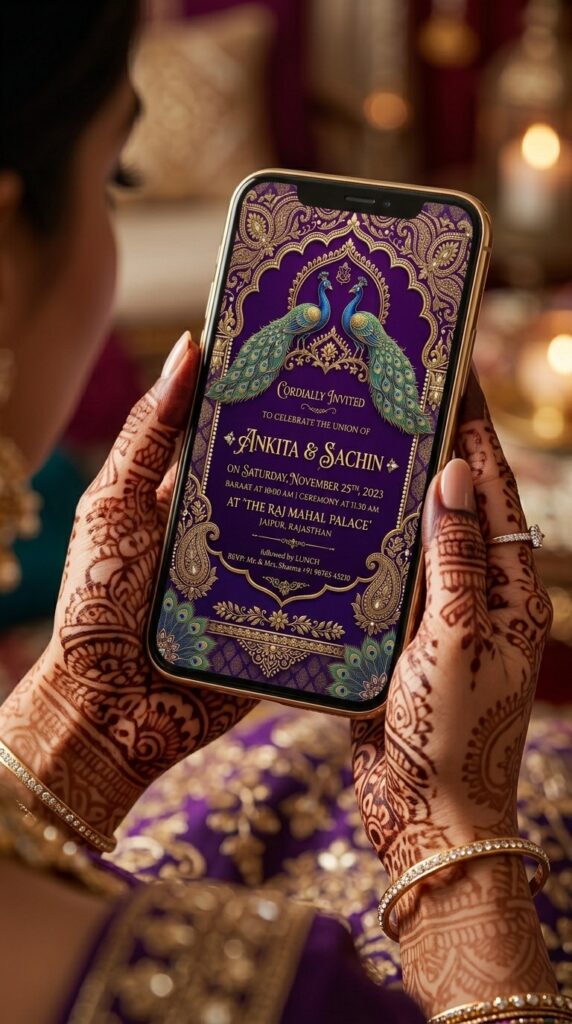 Indian WhatsApp wedding invitations card design held in hand