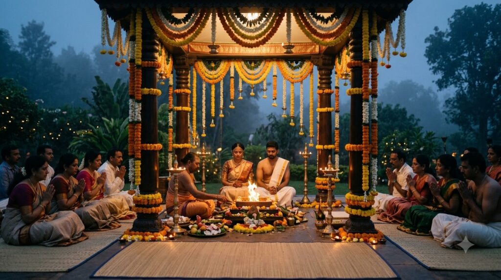 Pre-dawn muhurtham at a Telugu wedding in a kalyana mandapam