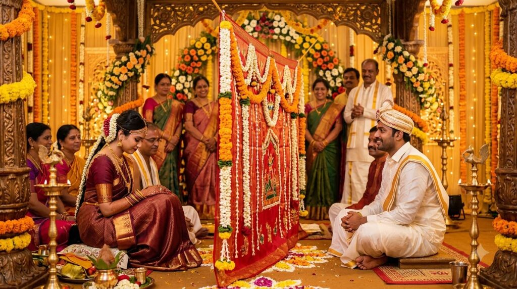 Telugu wedding rituals — bride and groom during Jeelakarra Bellam at the muhurtham