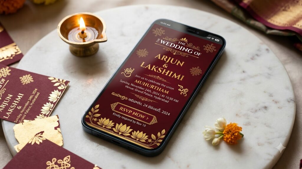 south indian wedding cards uk – digital Telugu Tamil wedding invitation template on smartphone