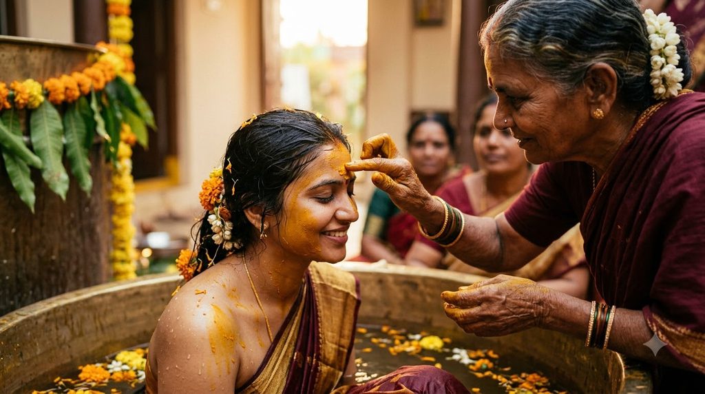 pellikuthuru turmeric bath ritual bride