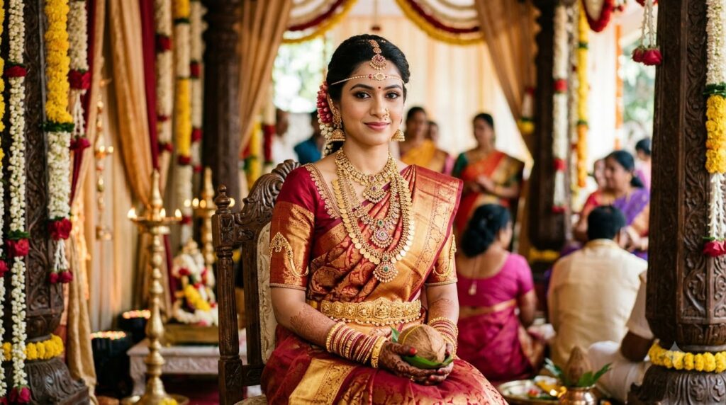 Telugu bride in a Dharmavaram silk saree with temple jewellery and basikam