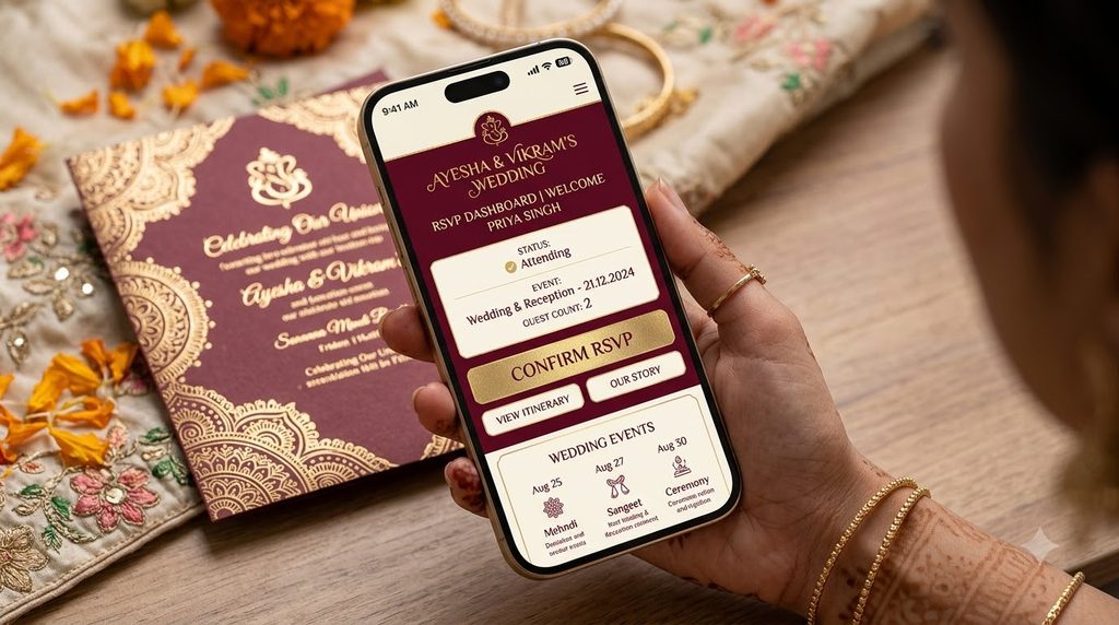 digital wedding invitation website RSVP dashboard with mehndi invite design