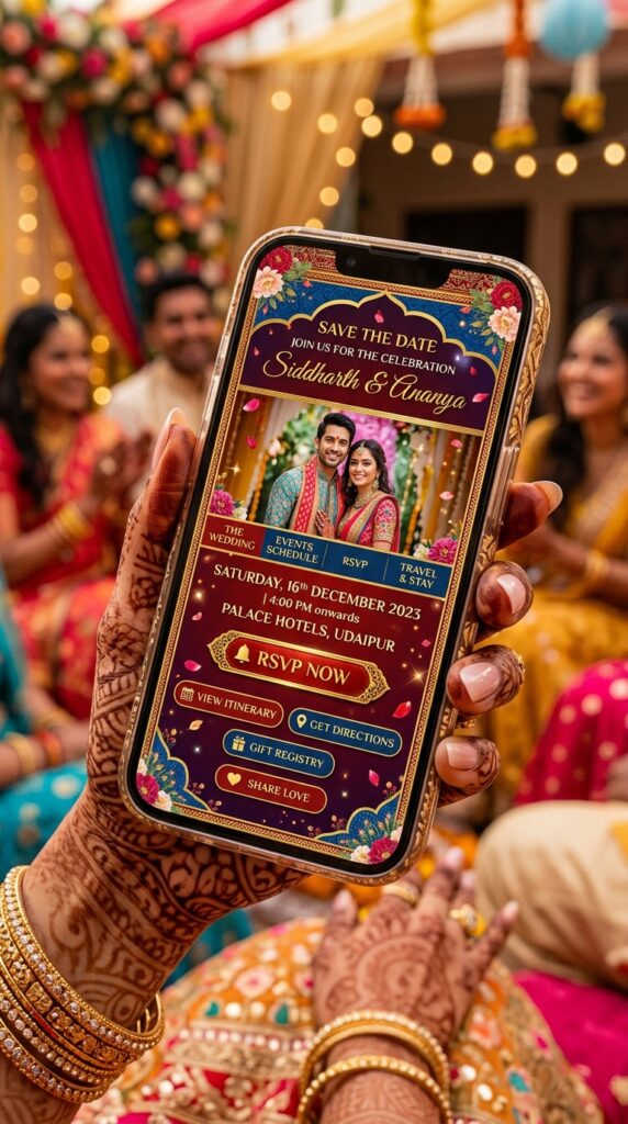 Interactive digital wedding invitations for Indian weddings on a phone