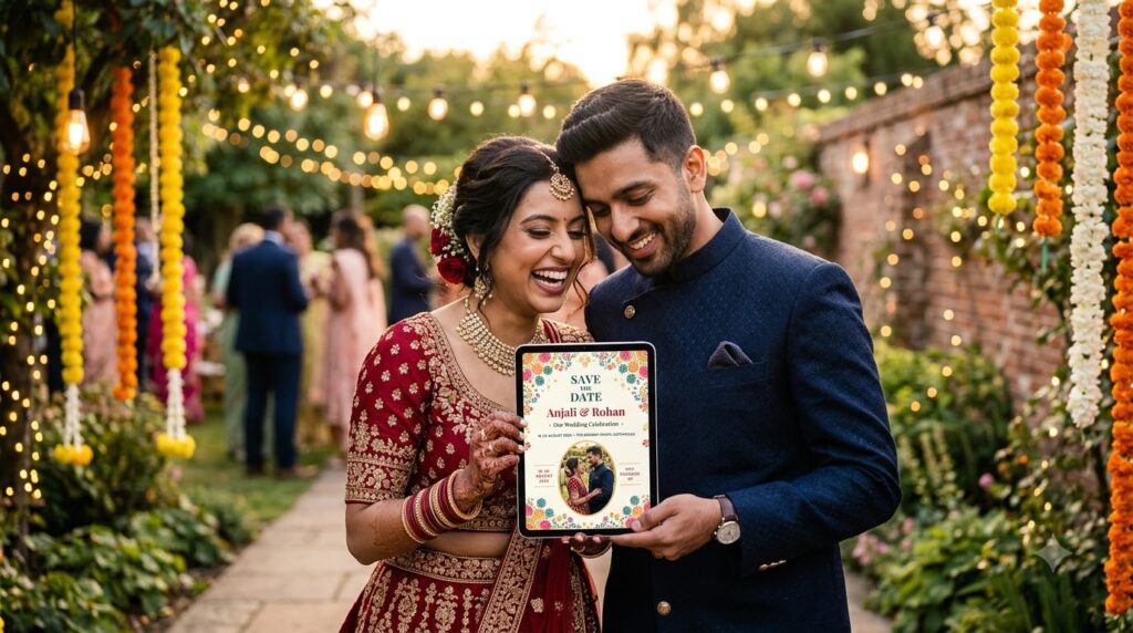 south indian wedding cards uk – UK couple reviewing their digital Telugu wedding invitation
