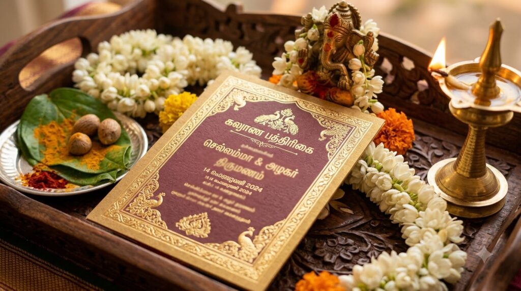 An elegant traditional South Indian Tamil wedding invitation card (Kalyana Pathirikai) resting on a carved wooden tray, surrounded by fresh jasmine garlands, a small brass Ganesha idol, turmeric-dusted betel leaves, and a lit brass oil lamp (kuthu vilakku), warm golden natural light, macro close-up photography, intricate gold foil border on the card with the text area softly out of focus, rich red and maroon color palette, photorealistic, shallow depth of field
