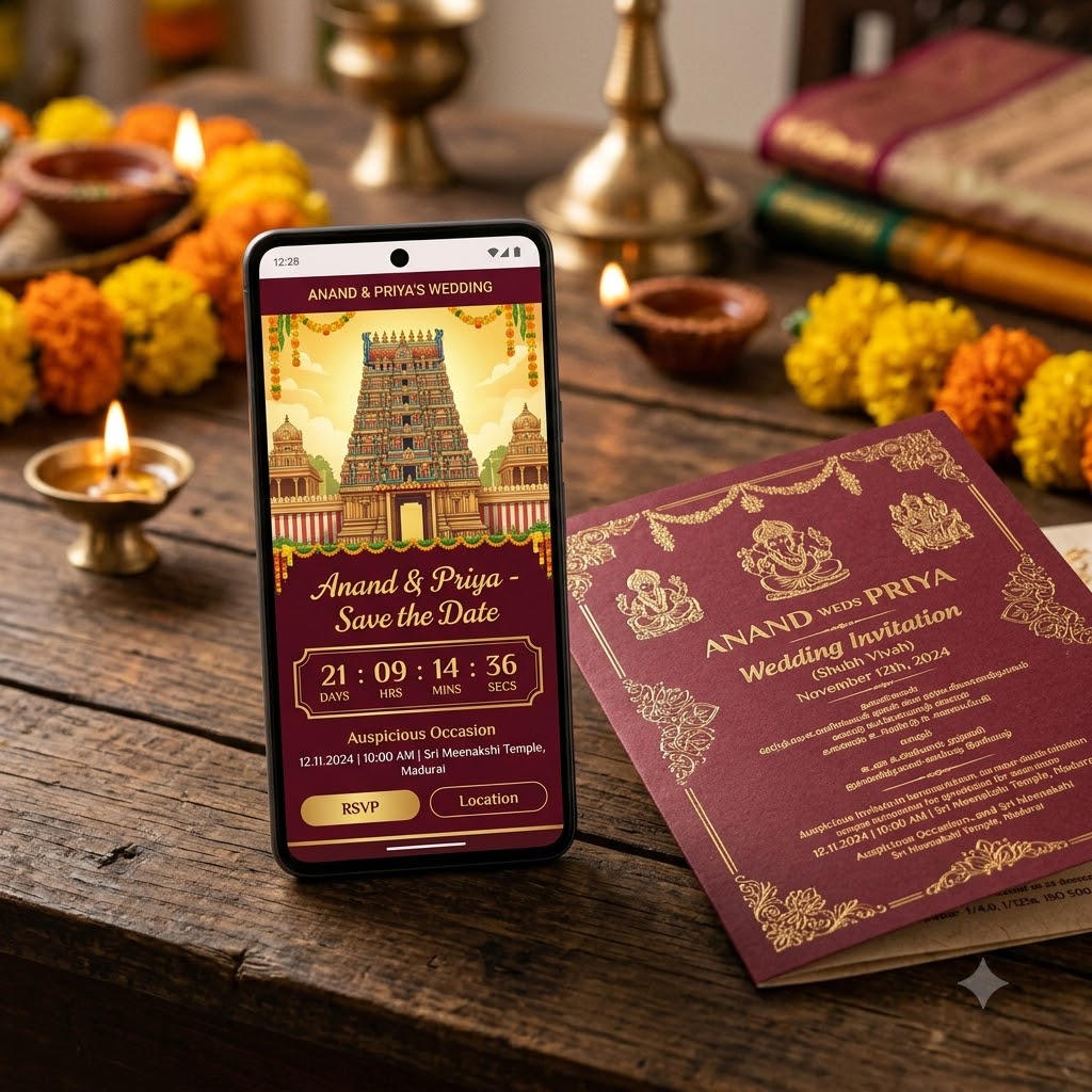 digital temple wedding invitation with countdown and gopuram design